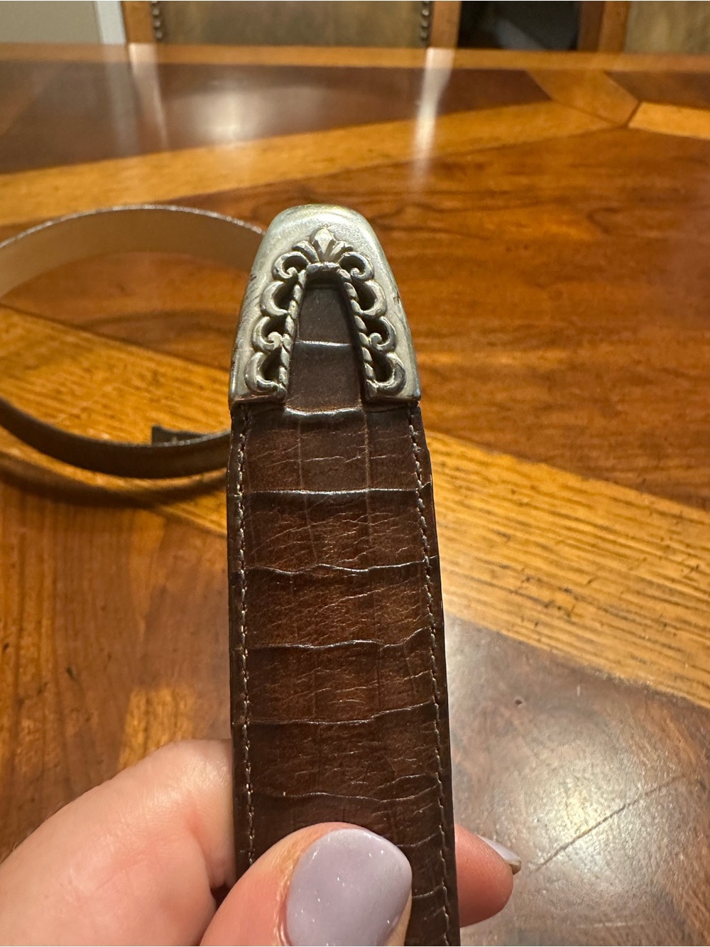 Brighton Brown Croc-Embossed Leather Belt with Decorative Silver-Gold Buckle - Picture 3 of 7